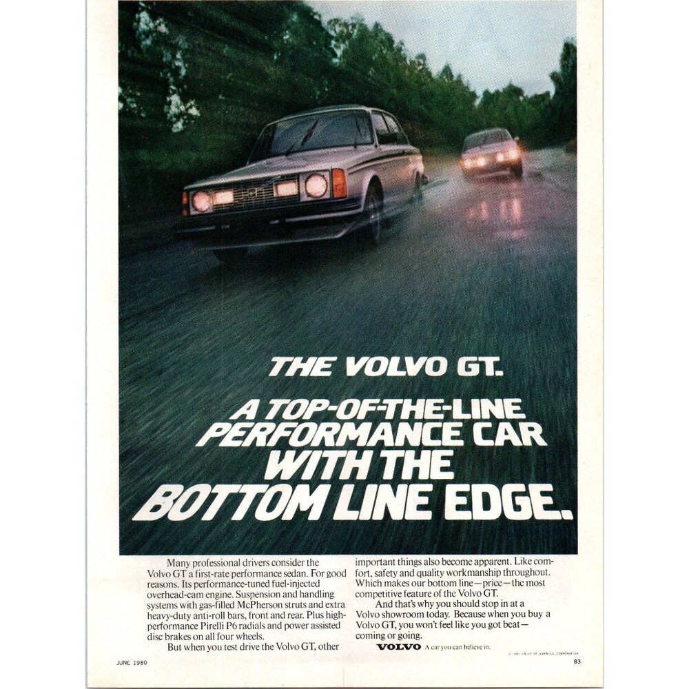 1980 Volvo GT 4 Performance Sedan Vintage Print Ad Rainy Highway Racing Wall Art